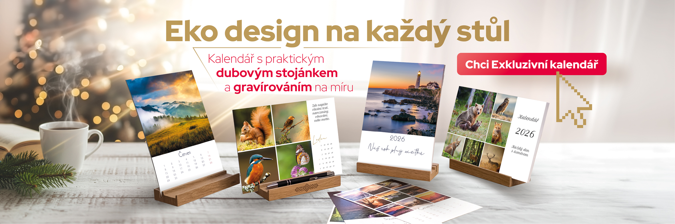 Exkluzivní kalendář s dubovým stojánkem.